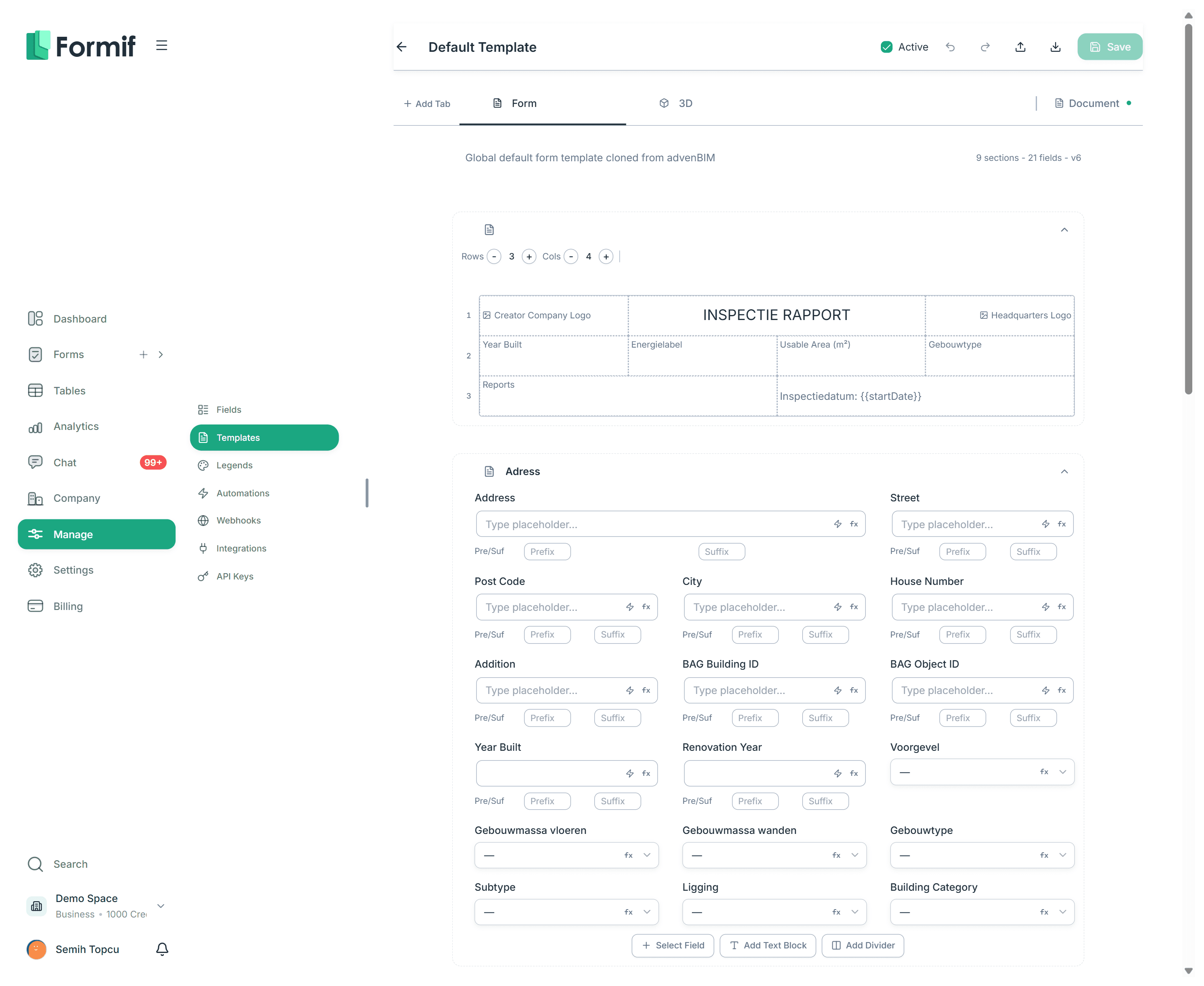 The Formif template designer with a multi-section inspection template open